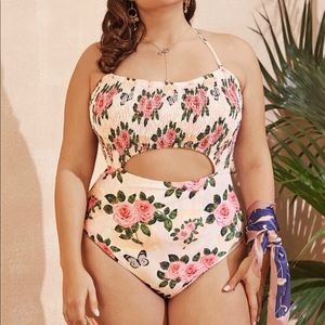 Floral halter swimsuit with cut out